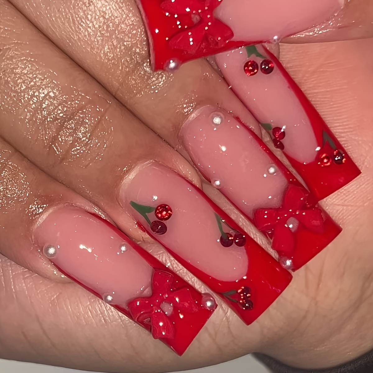 TEMU Box Of 24 Ultra-thin 0.3mm Breathable French Glitter Cherry Bow Waterfall Tips Long-lasting Press-on Nails With Air Holes, Suitable For S And Women - Lasts Days, Includes 1 Nail File &