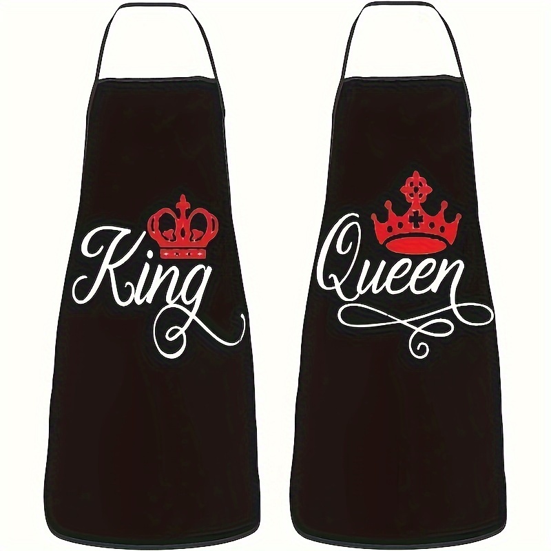 

2-pack King And Queen Polyester Aprons Set, Woven Couple's Kitchen Aprons With Unique ", " Design For Cooking And Baking