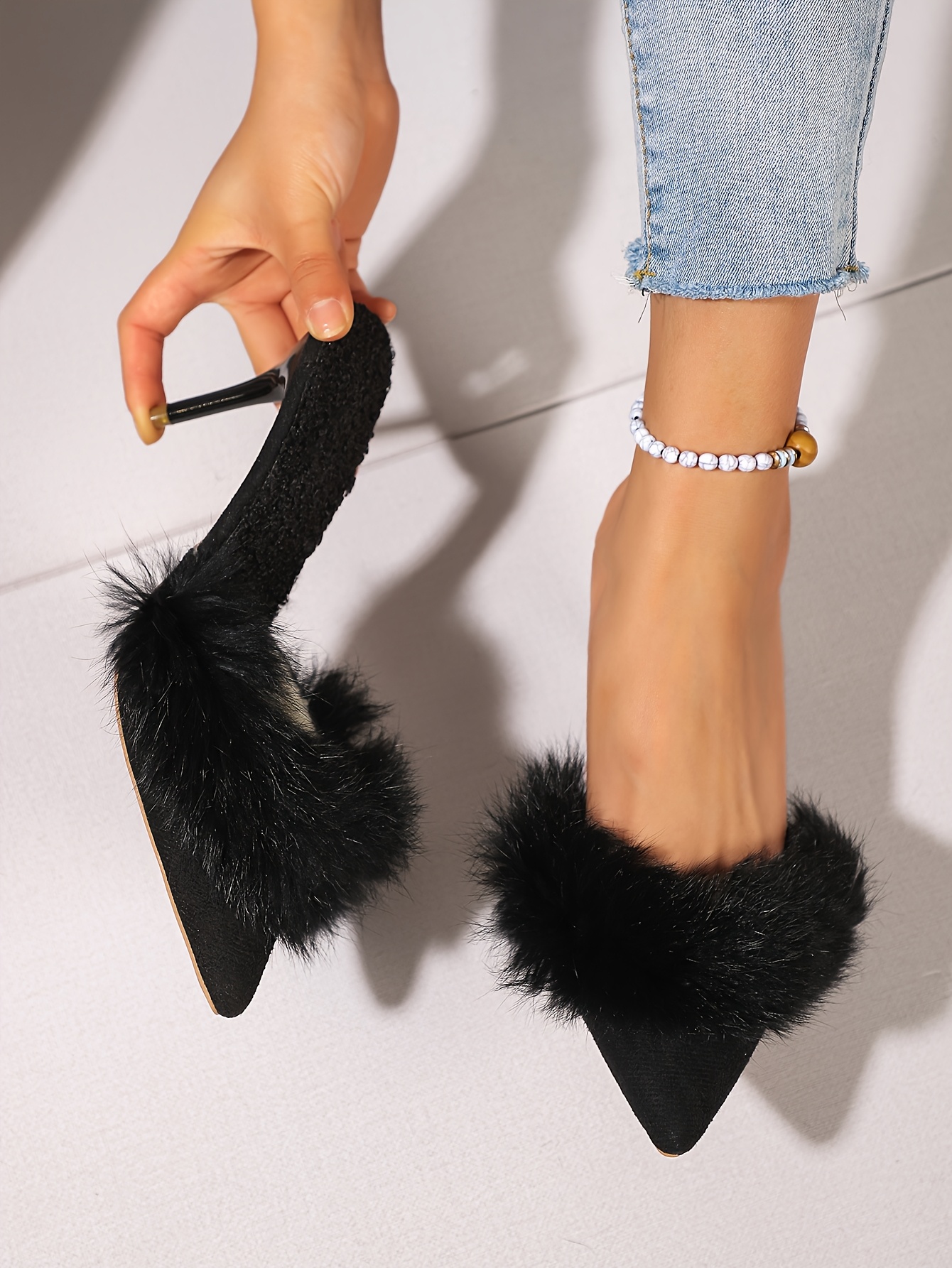 Mules Black Heels Fluffy Pair Womens Black Fur Mules Casual Solid
