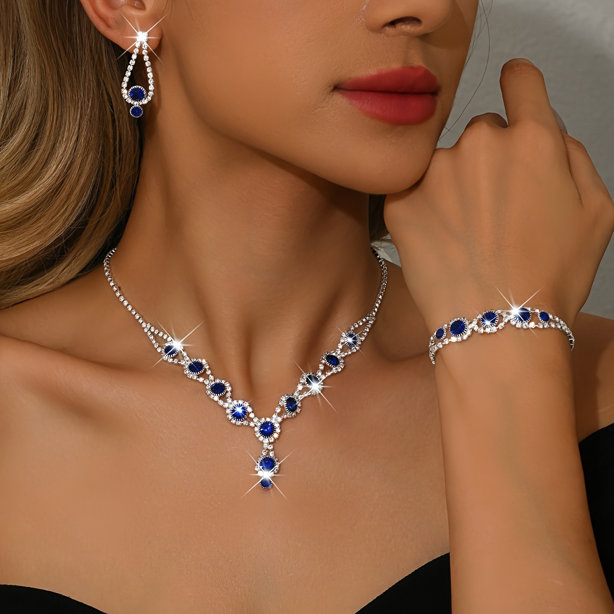 E-shop Leichtes, luxuriöses, elegantes blaues Damen-Schmuckset, Vintage Silberfarbene Basis Strass Halskette Ohrringe und, Hochzeitsbankett Gastgeberin