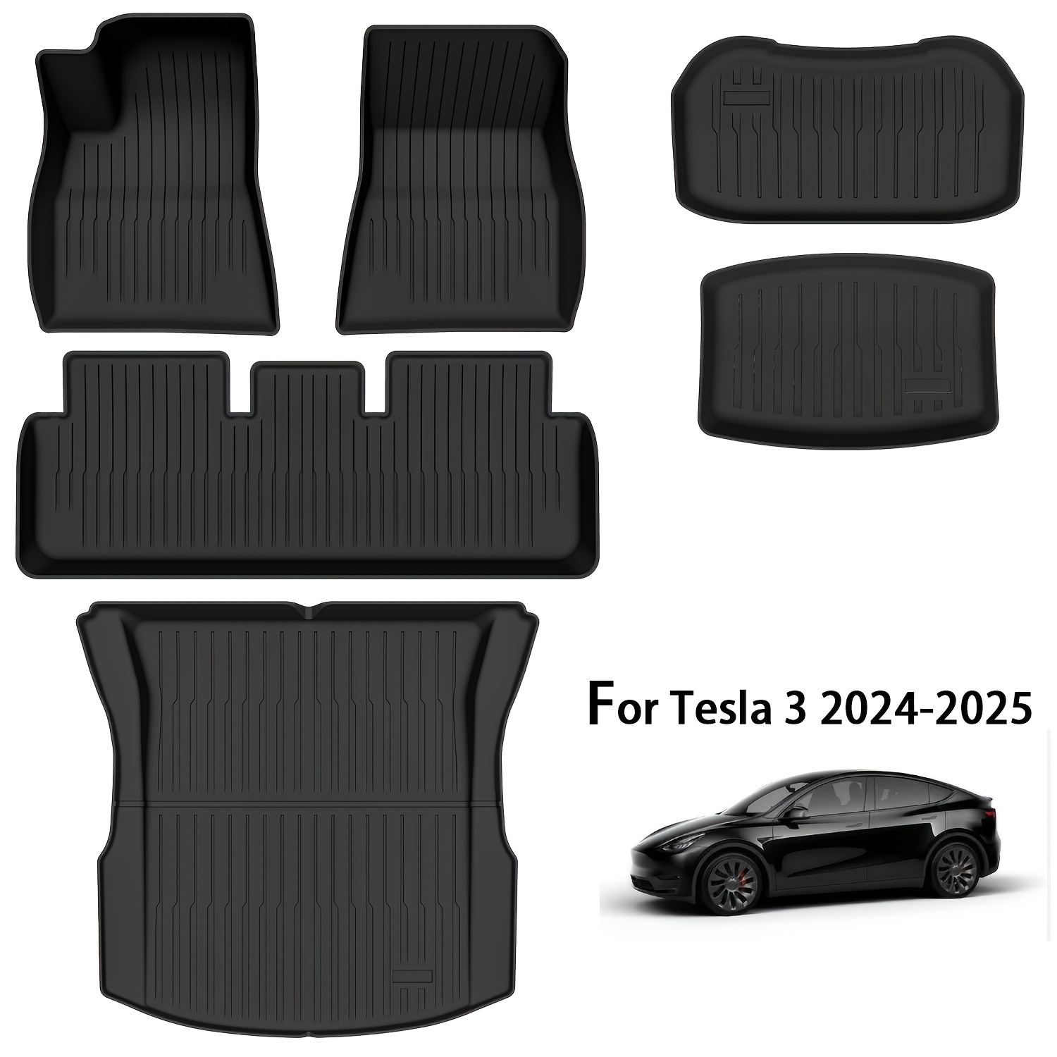 TEMU 2024-2026 For Model 3 Tpe Floor Mats, Full Set With Trunk Liner & Cargo Mat Additions, 6pcs Interior Floor For Model 3 (2024-2026)