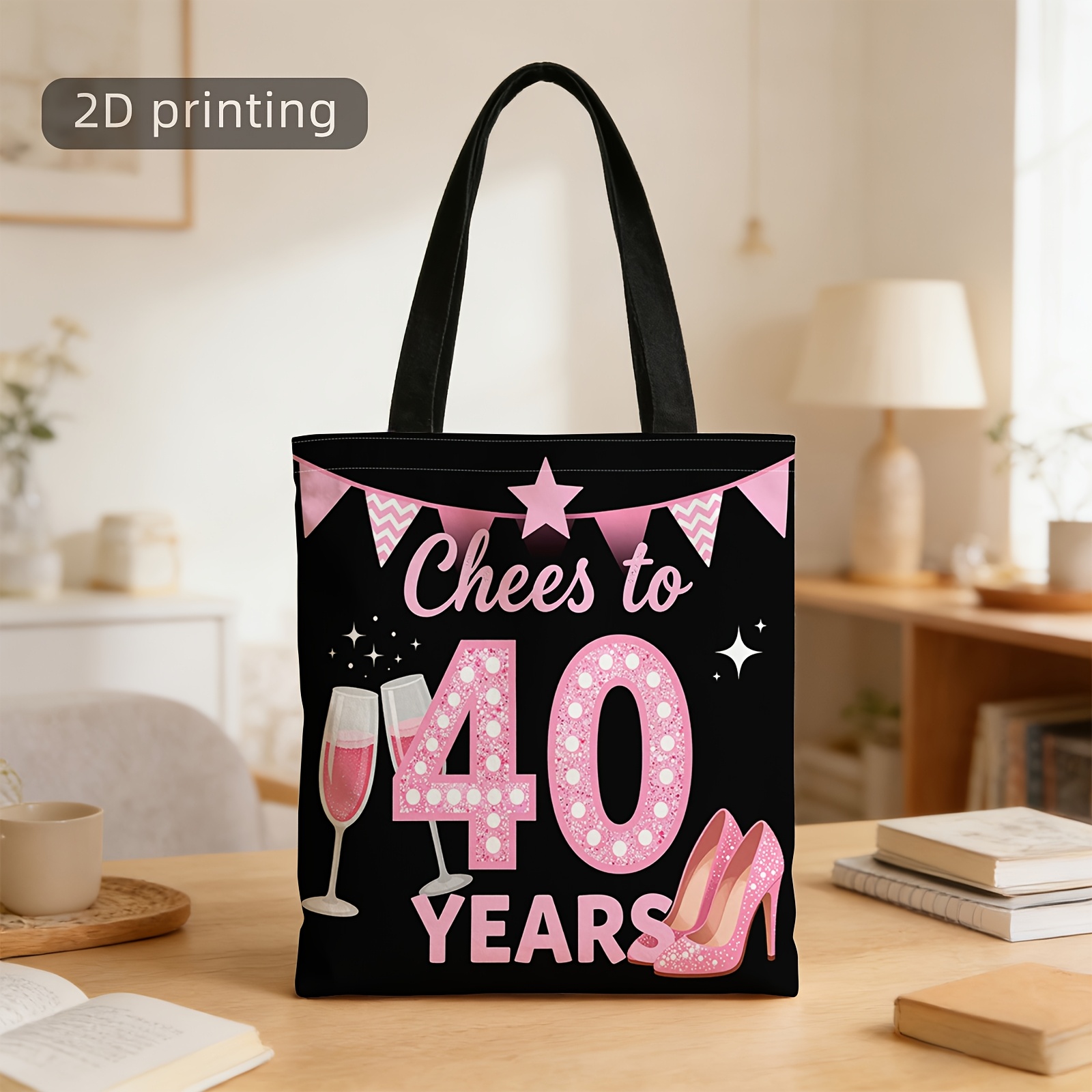 TEMU 2d Printed Tote Bag, 40th Birthday Celebration, , High Heels, Pink Theme, Party Flags, Reusable, Stylish Shoulder Bag, Tote Bag, Shopping Bag,