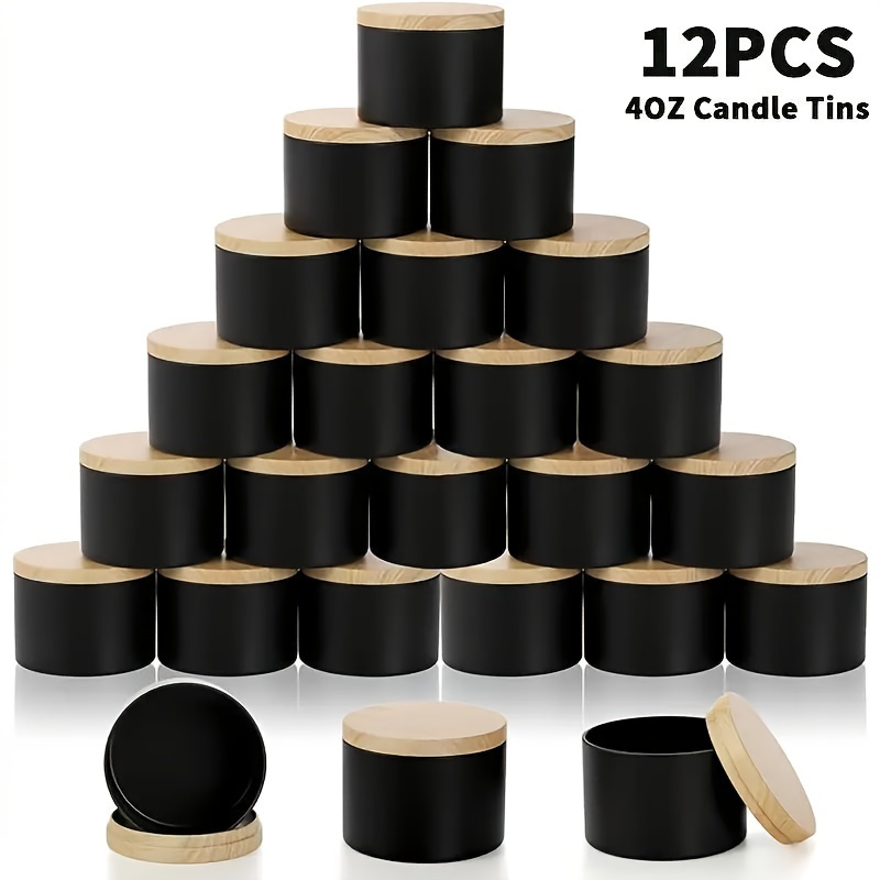 

12-piece Set Of Black Metal Candle Jars With Wooden Lids For Candle Making - Suitable For All Seasons