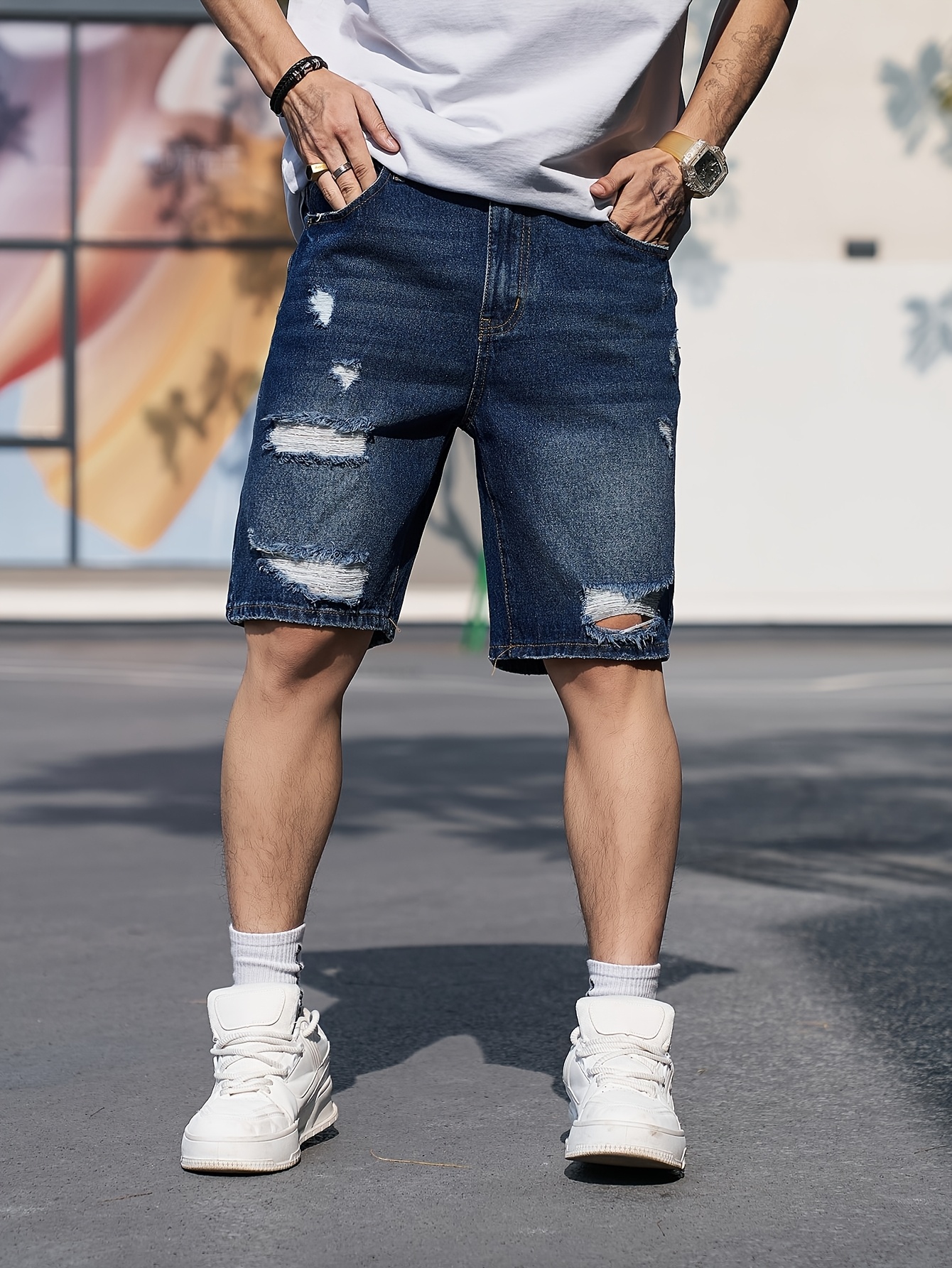 men's distressed denim shorts street style ripped jean Temu Portugal