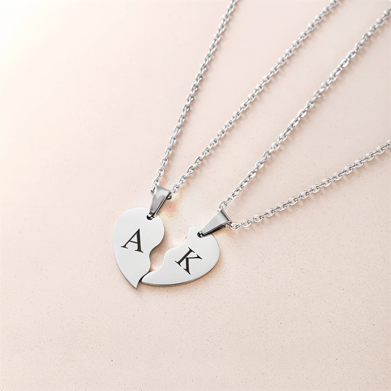 TEMU Personalized Split Heart Necklace - Engravable Interlocking Hearts Pendant, Name & Date/message, Matching For Couples & Mother-daughter, Elegant