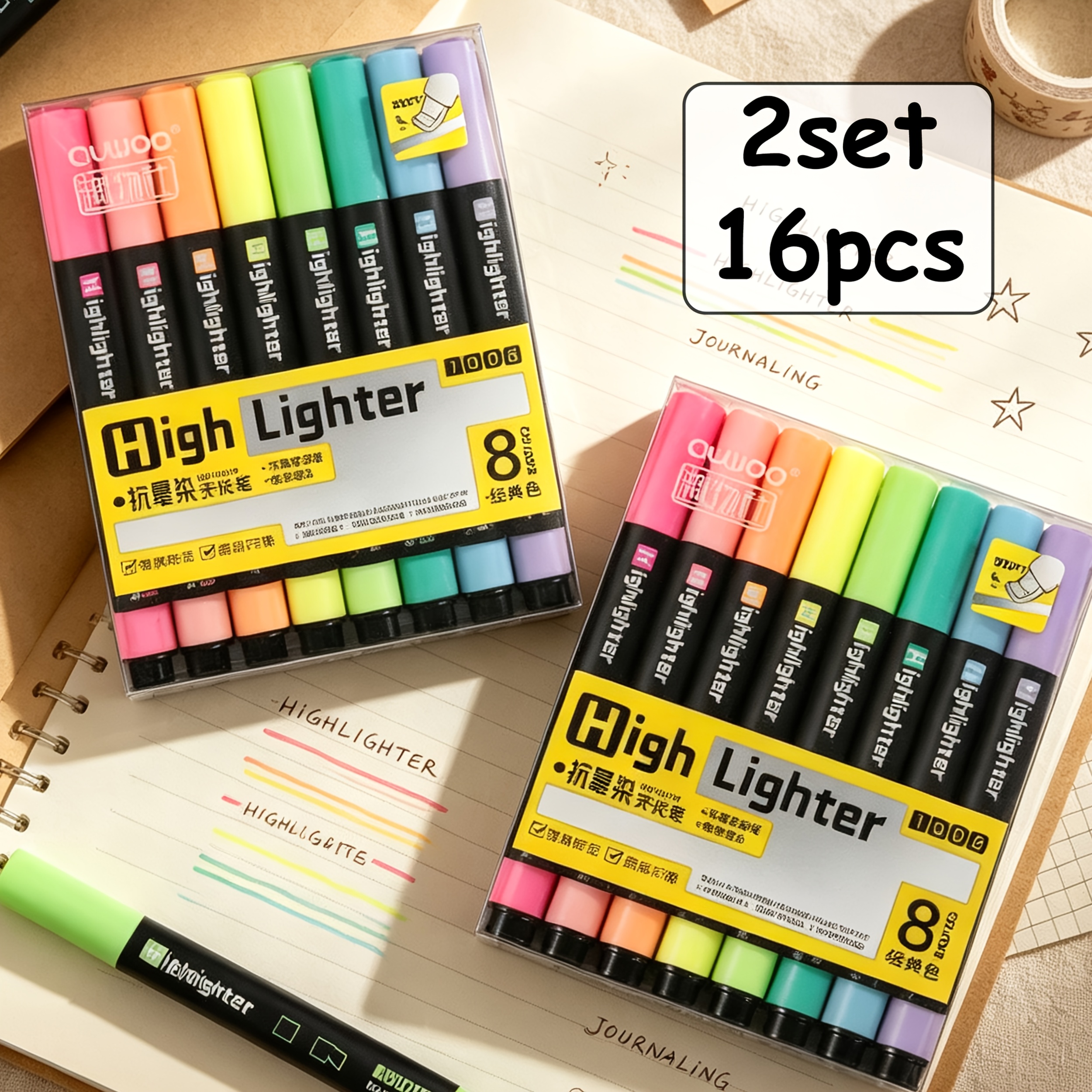 TEMU 16 Marcadores Fluorescentes Anti-Salpicaduras, 8 Colores, Anti-Salpicaduras, Punta Elástica, Flujo de Tinta Uniforme, Adecuados para Resaltar,