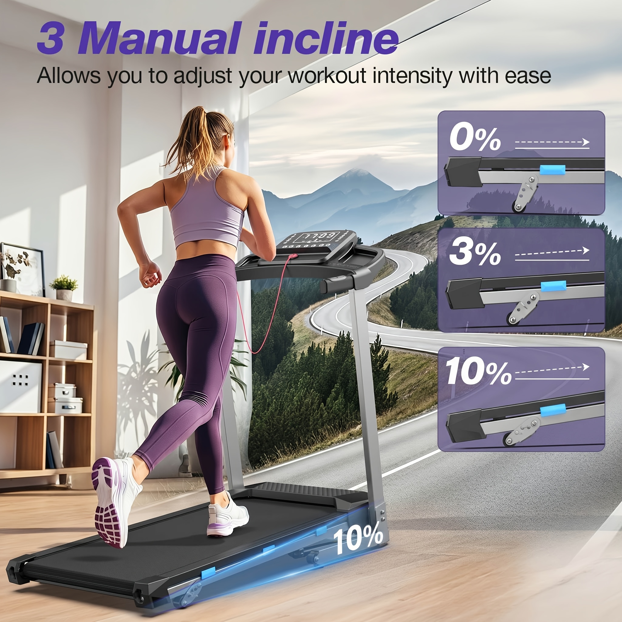 TEMU 3-stage Incline Treadmill Featuring A 3.0 Silent Motor - Supports 160kg, Speed Range 2-12 Km/h, Includes Sensor, Compatible With / - Portable