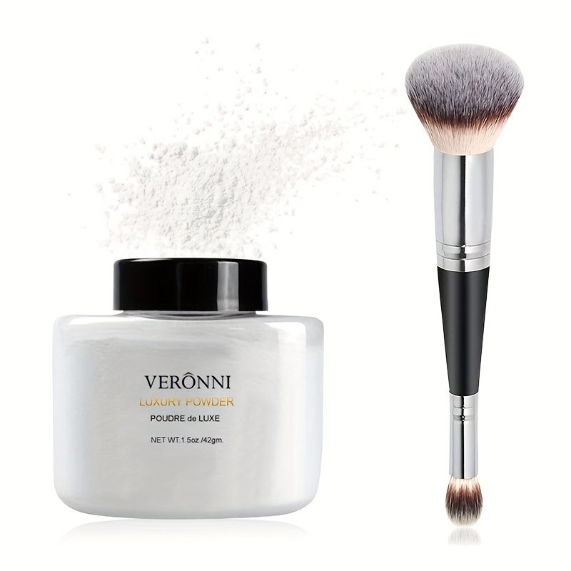 Banana Loose Powder + Black Handle Silvery Tube Dual-Ended Makeup Brush Set, Oil-Control Loose Powder, Translucent Loose Powder, Matte Finishing Powder, Long-Lasting and Lightweight Foundation Brush Set