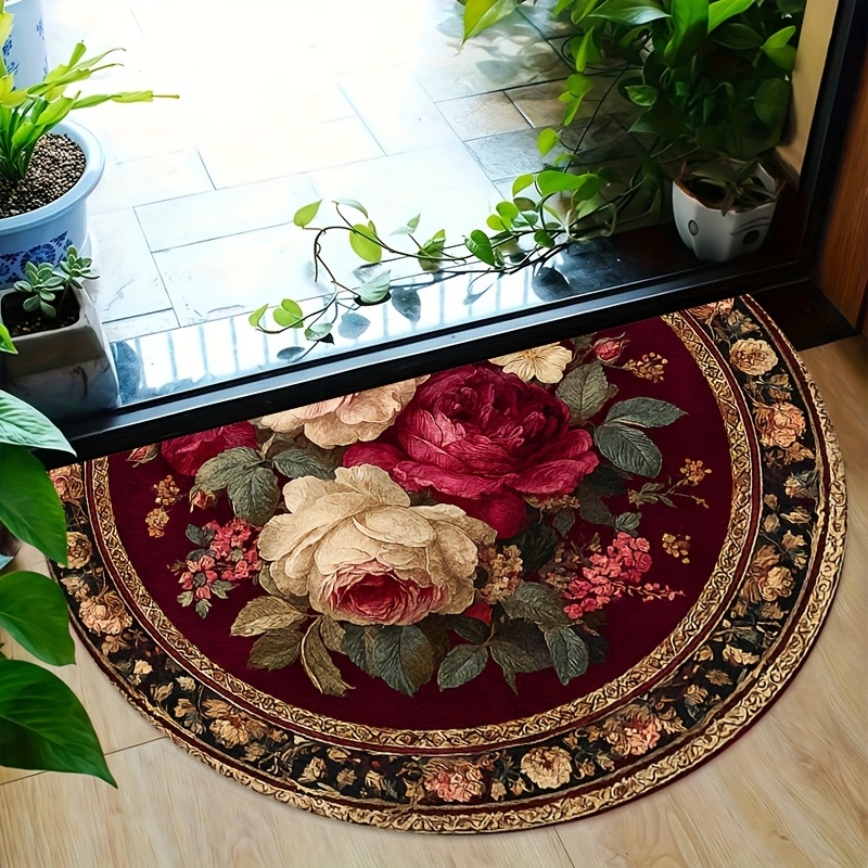 TEMU 1pc, Burgundy Rose In A Vintage Half Circle Velvet Doormat, Soft, Non-slip, Machine Washable, Ideal For Winter Christmas, Perfect For Living
