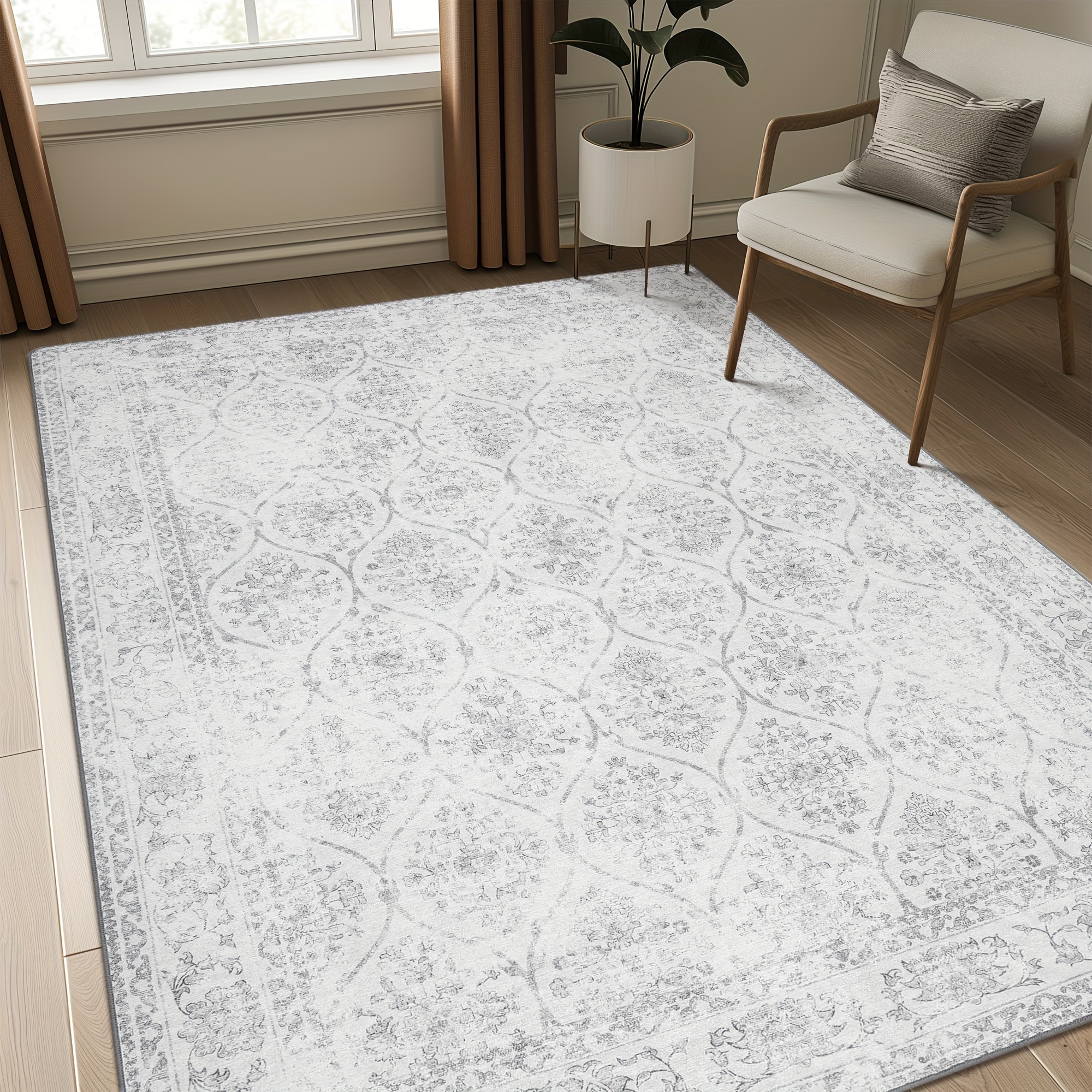 

Machine Washable Large Area Rug For Living Room And Bedroom, Lightweight Non-slip Thin Rug With Gripper Backing, Distressed Cream/gray Floral Print