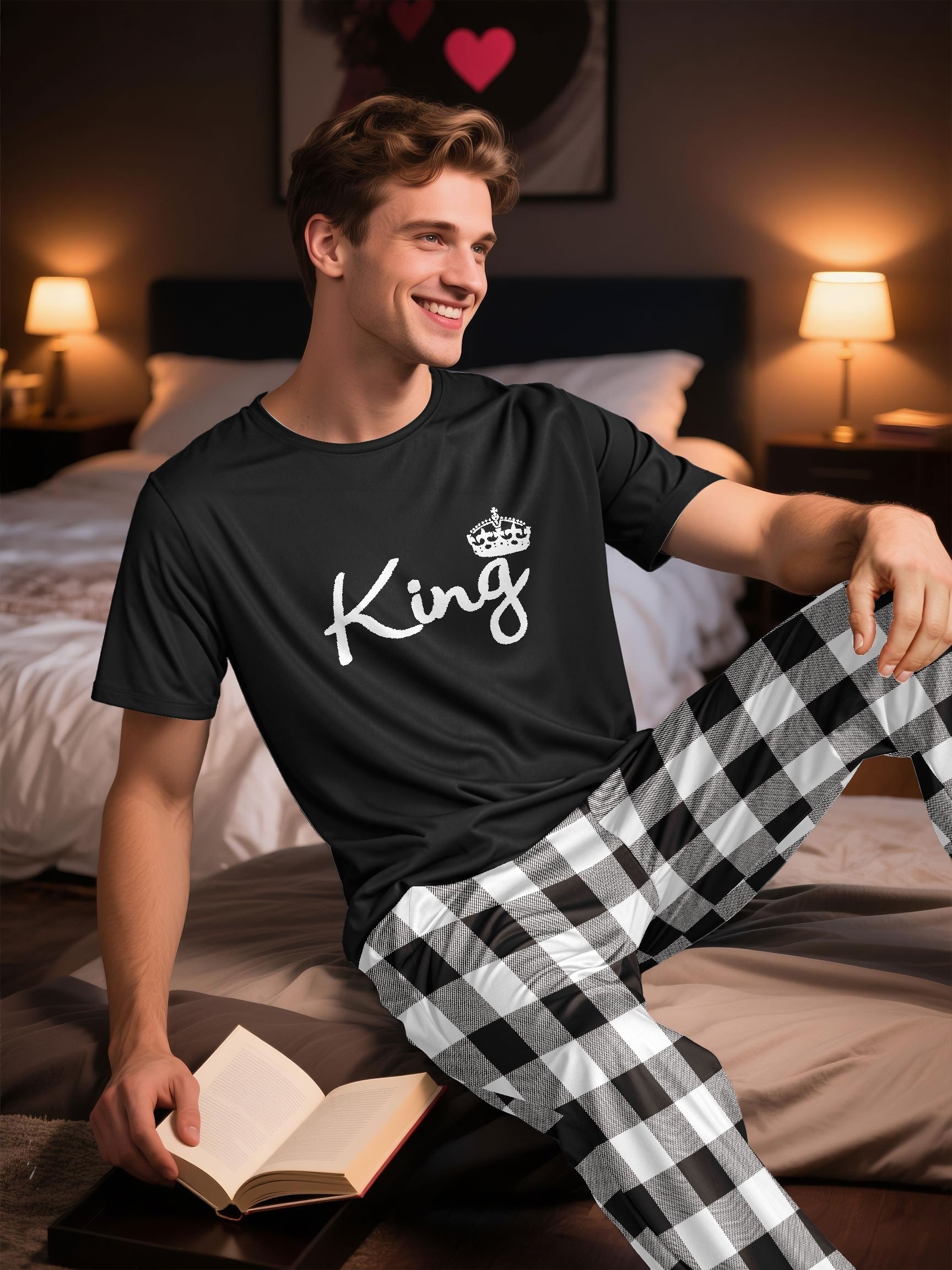 couples homewear set for men and women featuring stylish and comfortable designs this set   a short sleeve letter t shirt and plaid long pants   relaxing at home and suitable for cool weather male 3