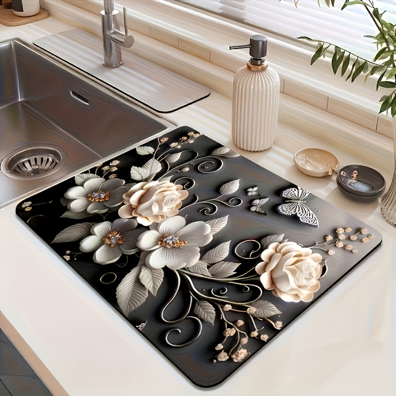 a luxurious floral patterned drying mat for tableware quick drying and absorbent kitchen pad non slip drainage mat for coffee machines faucet bathroom mat essential kitchen item home accessory