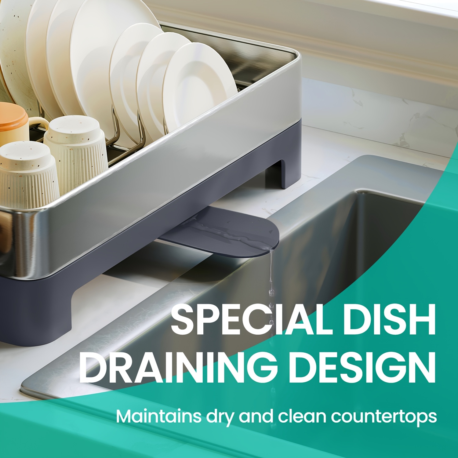dish drying rack stainless steel dish rack with rotatable spout   fingerprint resistant dish drainers for kitchen counter 12 5 x 22 5in gray black utensil cup glass cutting board pan holders perfect gifts Product details 4