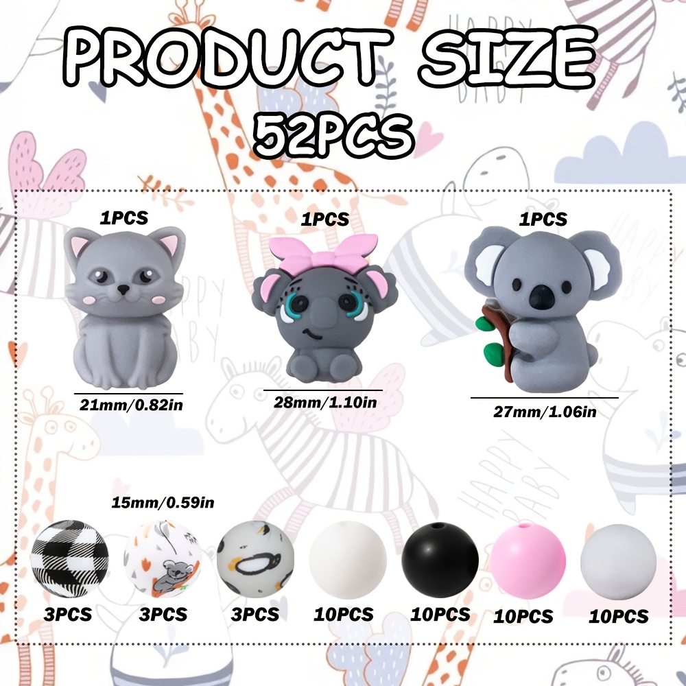E-shop 52-teiliges Silikonperlen-Set in Katzen-, Elefanten-, Koala-Formen – Multifunktionales DIY-Bastelset, geeignet für Ohrringe, Halsketten, etc. –