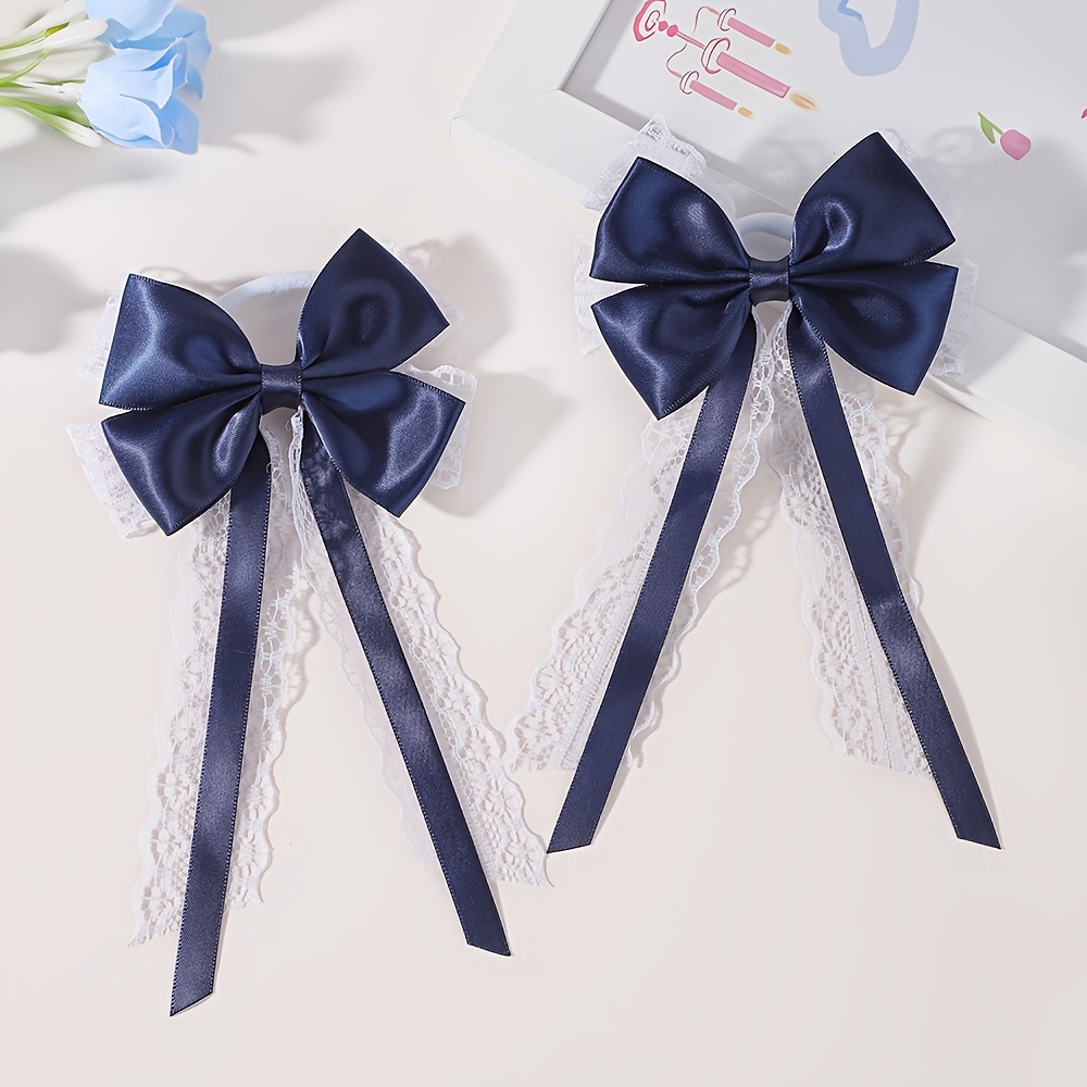 TEMU 2pcs/set Satin Spliced Lace Long Ribbon Bow Hair Ties, White Navy Solid Color High-elasticity Hair Bands, Vintage Elegant Girly Vibe Hair