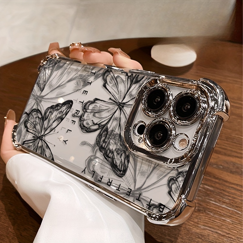 TEMU Phone Case - 1pc Black Bow Print Pattern Black Electroplated Four-corner Anti-drop Transparent Phone Case, Shockproof Lightweight Protective