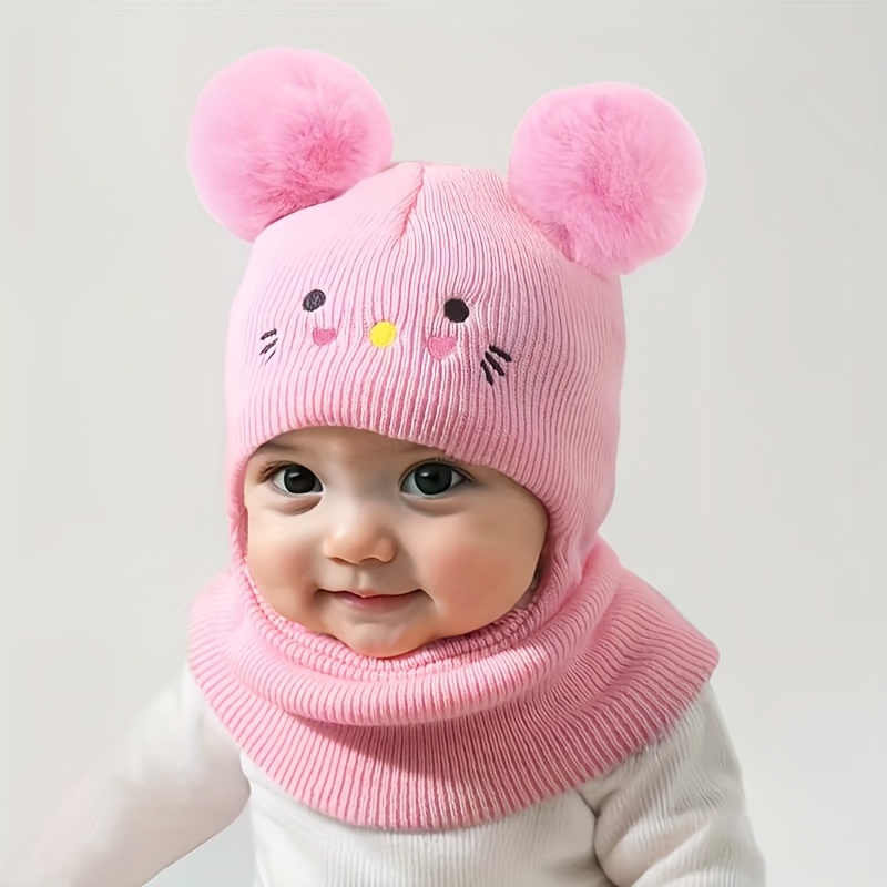 Image of 1pc 0-3y Kids Balaclava Toddler Beanie Double Balls New Born Girls Boys Beanies Kids Winter Hats Children Knit Warm Ear Cover Hat For Cold Weather Baby Halloween, Thanksgiving, Christmas Gifts