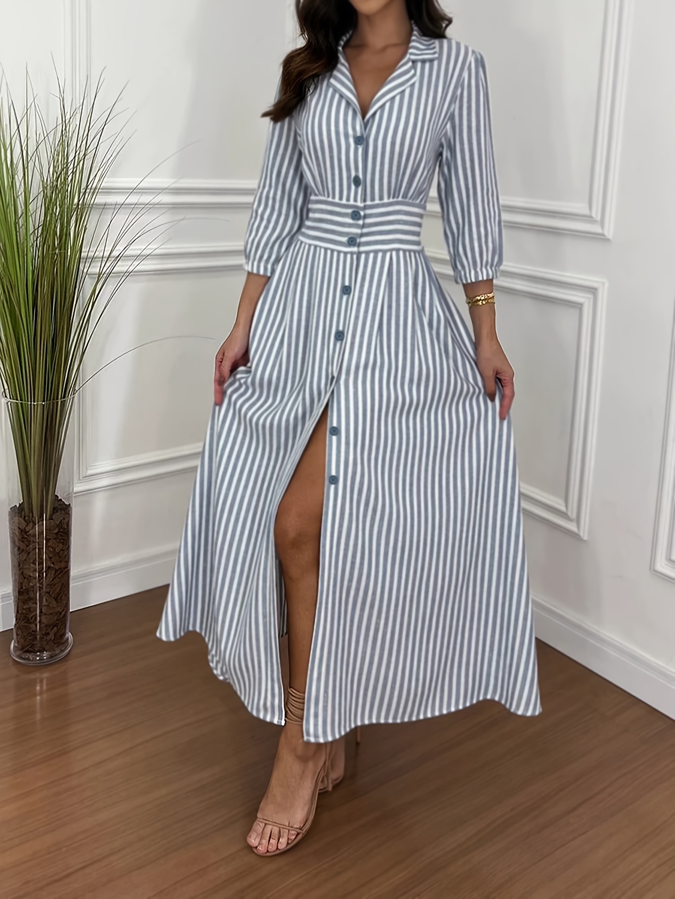 striped button front shirt dress elegant long sleeve lapel collar dress for   womens clothing stripe 0