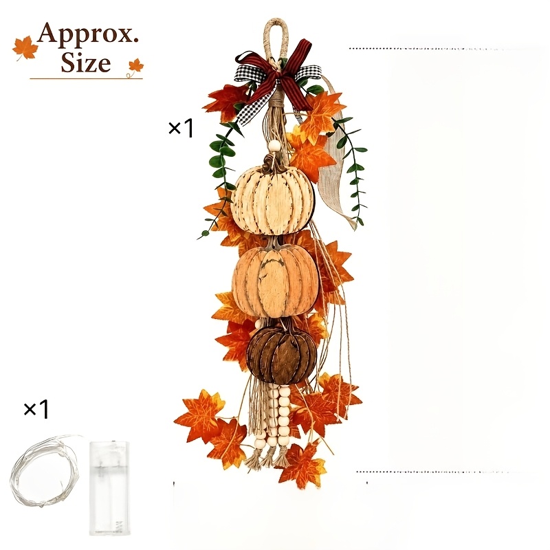 TEMU 1pc Pumpkin Pendant And 1pc Led Light Rustic White Hanging Pumpkin Decoration - Distressed Wooden Pumpkin With Plaid Bow - Farmhouse Autumn Wall