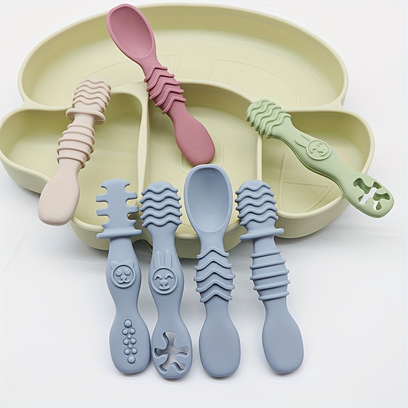 

4pcs Baby Silicone Chewing Spoon Set, Food Grade Silicone Set, Silicone Spoon, Silicone Cutlery Training, Soft Feeding Cutlery