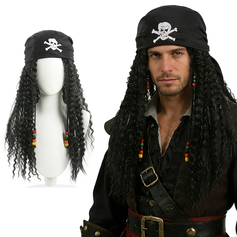 mens costume wig headscarf wig 2pcs set halloween and cosplay festival wig headscarf   in black and red suitable for all   pirate costume wig water wave wig for added volume