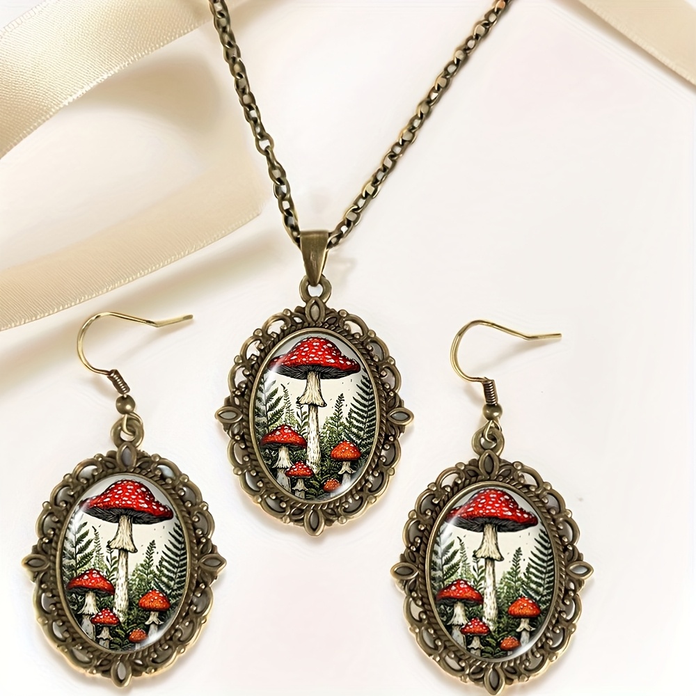 TEMU 3pcs Red Mushrooms Retro Bronze Necklace Earring Set Oval Glass Cabochon Jewelry