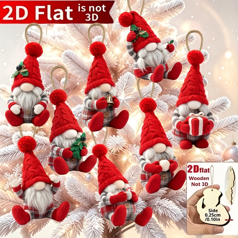 TEMU 2d Flat, 8 Gnome Wooden Ornaments(with Hanging Cords), Christmas Tree Hanging Decorations, Festive Hanging Decorations, Wooden Pendant