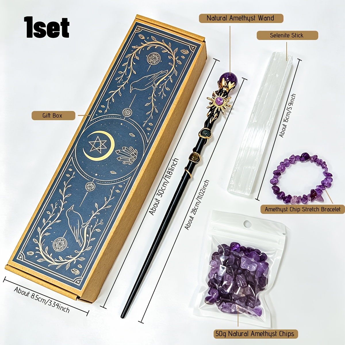 TEMU 1 Set Crystal Wand Altar Kit Amethyst Gift Box Set Natural Crystals Stones Selenite Wand Bracelet, Spiritual Decor Halloween Supplies Gift