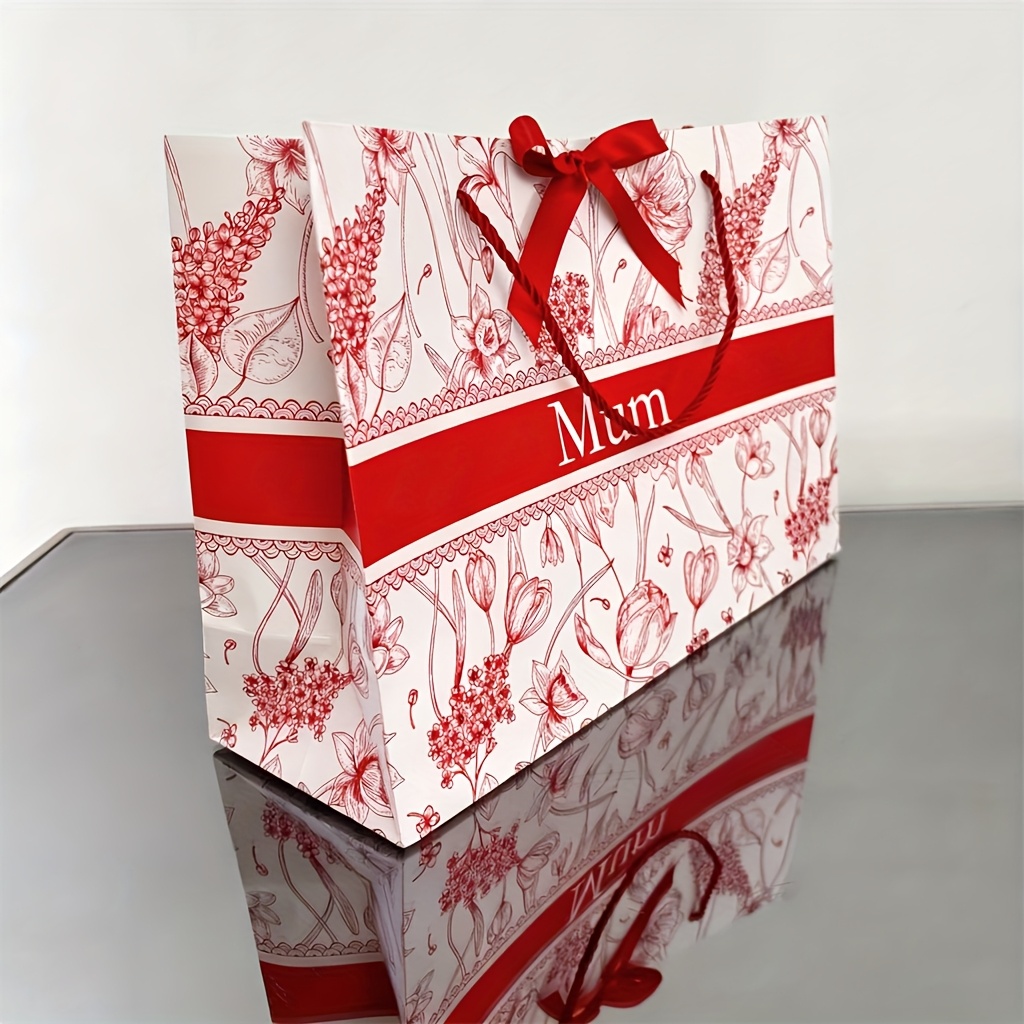 TEMU A Customized Personalized Red And White Floral Gift Bag, Vintage Floral Tote Bag, Holiday Favor Paper Bag, Bridesmaid Bachelorette Party Gift,