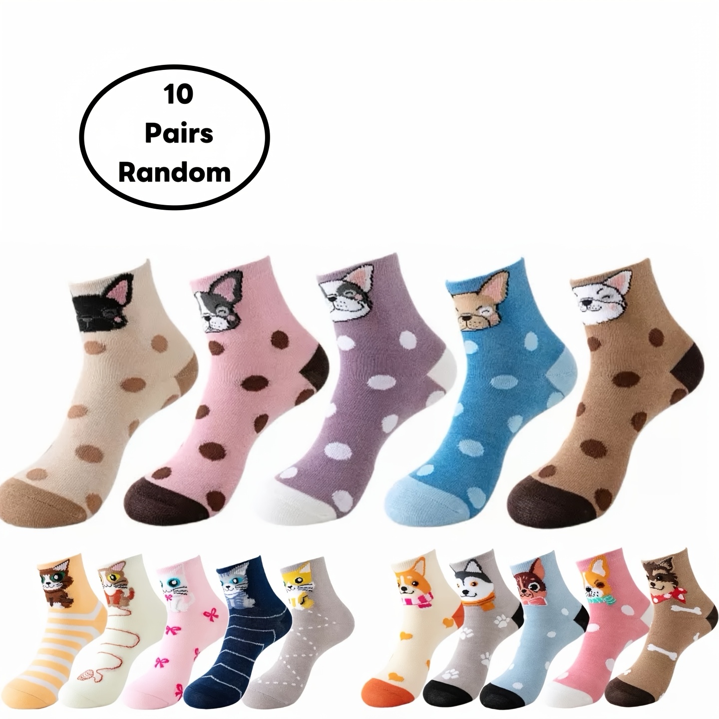 E-shop 10 Paar Outdoor Cartoon Niedliche Katze und Hund Sport Strümpfe im Zufallsstil, Atmungsaktive Frühlings- und Sommer-Wadensocken