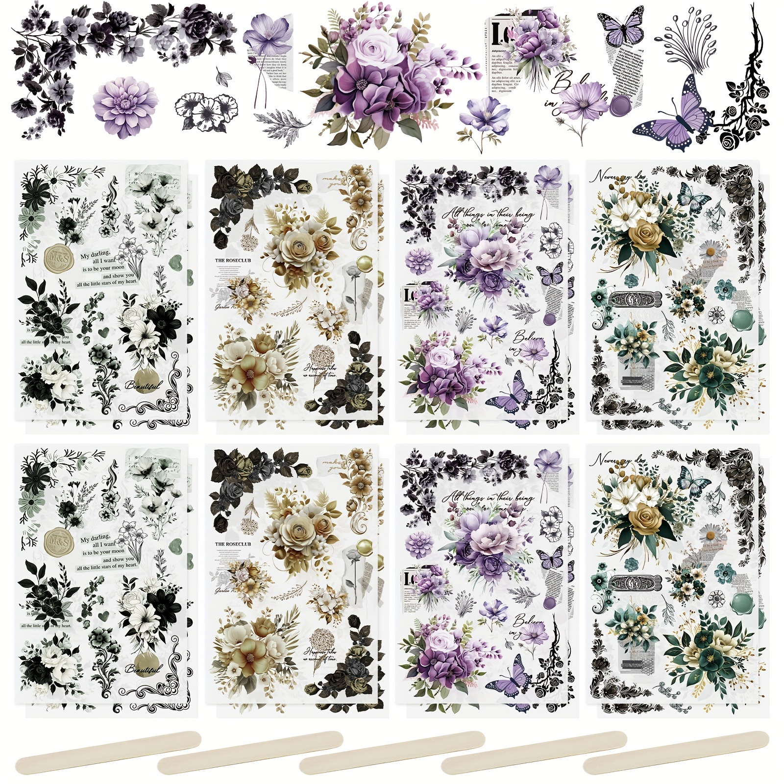 

16 Sheets Rub On Transfer Sticker, Retro Flower Stickers Waterproof Transfer Decals For Diy Scrapbooking Photo Albums Furniture, 5.9 * 3.9in Christmas Halloween Gift