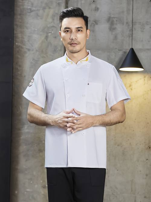 mens short sleeve chef jacket white kitchen uniform with stand collar front pockets for or baking