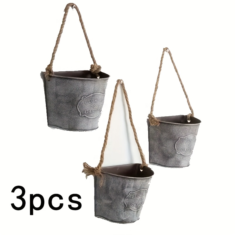 Image of 3pcs Metal Hanging Wall Planter, Rustic Wall Flower Vase For Succulents Herbs Country Home Farmhouse Wall Decoration