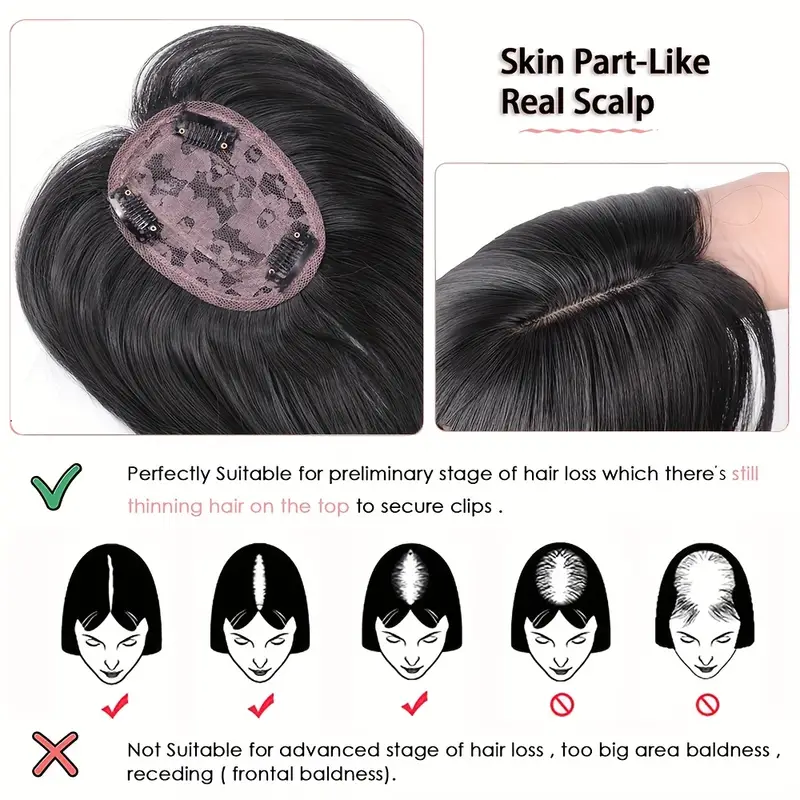 12 inch hair toppers for women with thinning hair synthetic hair topper with wispy bangs 3d cover upgrade middle part clip in bangs for women daily gift black dark brown heat resistant high temperature fiber details 6