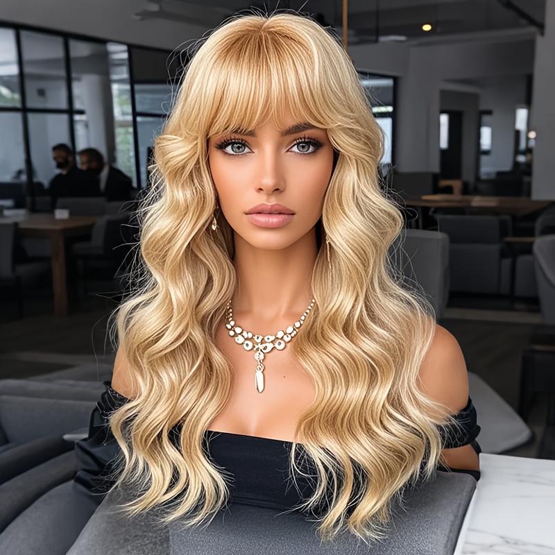 TEMU Wigs With Bangs For Women, Wavy Curly Wig, Blond, 28 Inches, , Synthetic Hair, , Suitable For Scenes