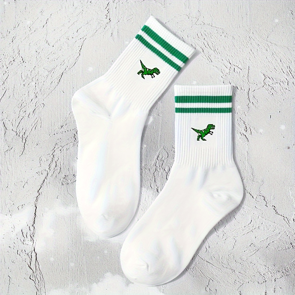 

Cartoon Dinosaur & Striped Socks, Sports & Breathable Mid Tube Socks, Women's Stockings & Hosiery