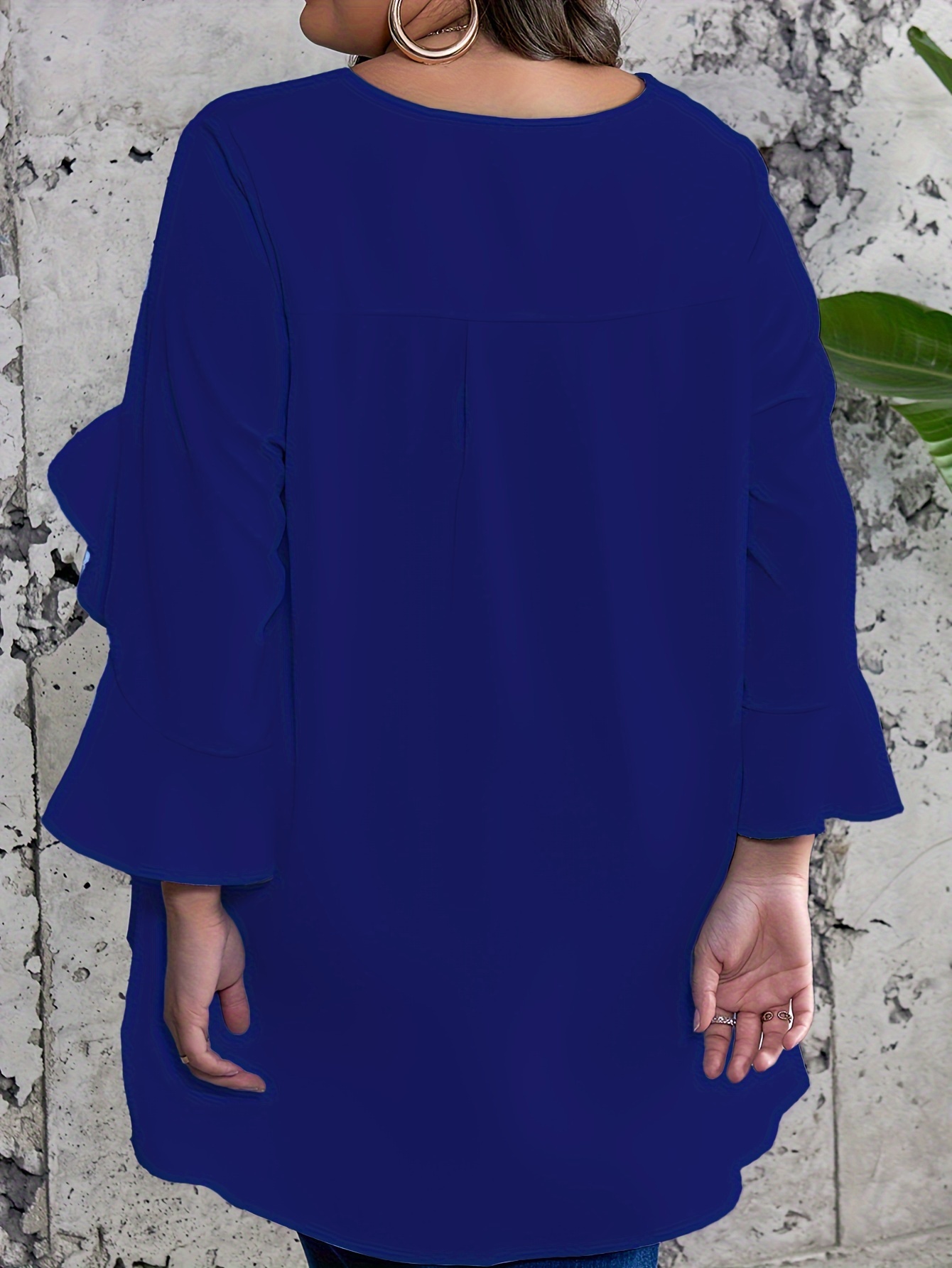 Plus Size Solid Ruffle Sleeve Blouse, Casual Crew Neck Irregular Hem Blouse For Spring, Women's Plus Size?Clothing