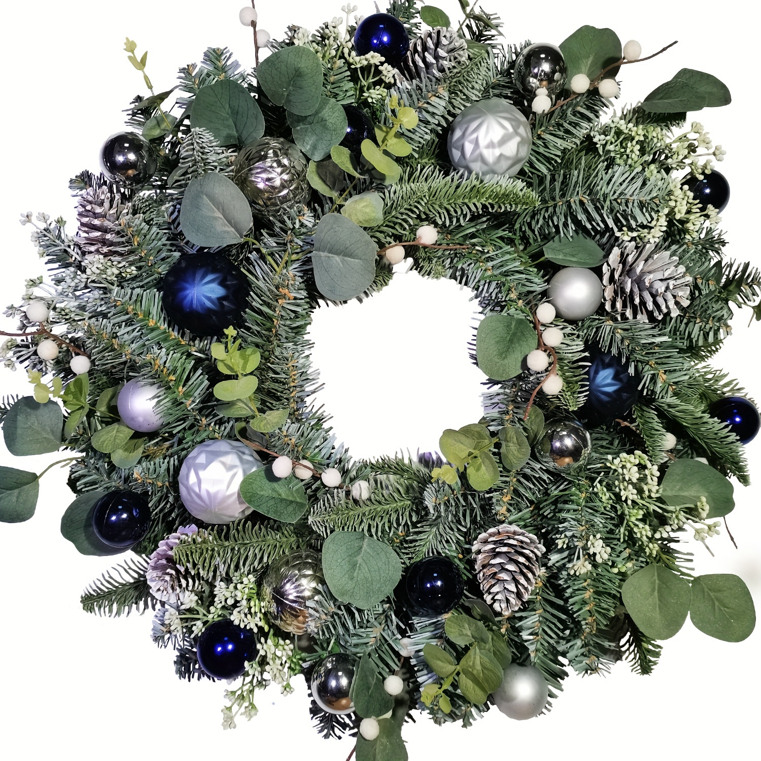 

24-inch Classic Christmas Wreath With Faux Pinecones, Eucalyptus & Ornaments - Plastic Traditional Holiday Wall Hanging Decor For Indoor/outdoor Festivities, Double Coil Base, No Feathers - Pack Of 1