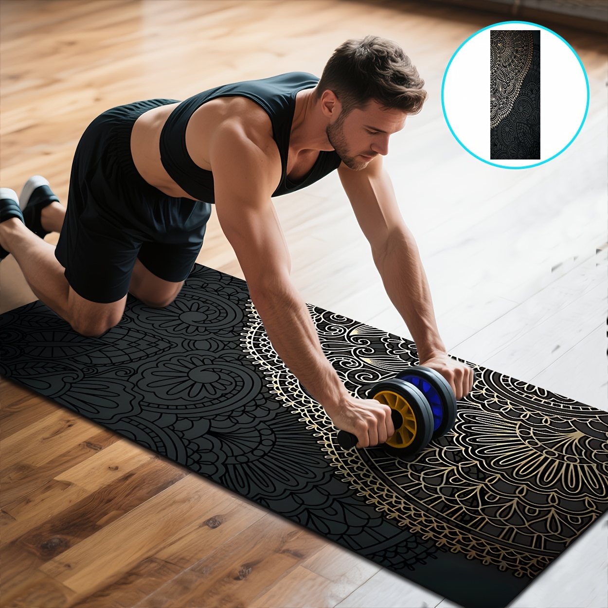 Black Mandala Pattern Printed Fitness Mat, Yoga Mat, Pilates Training Mat, Portable for Indoor And Outdoor, Gym, Living 