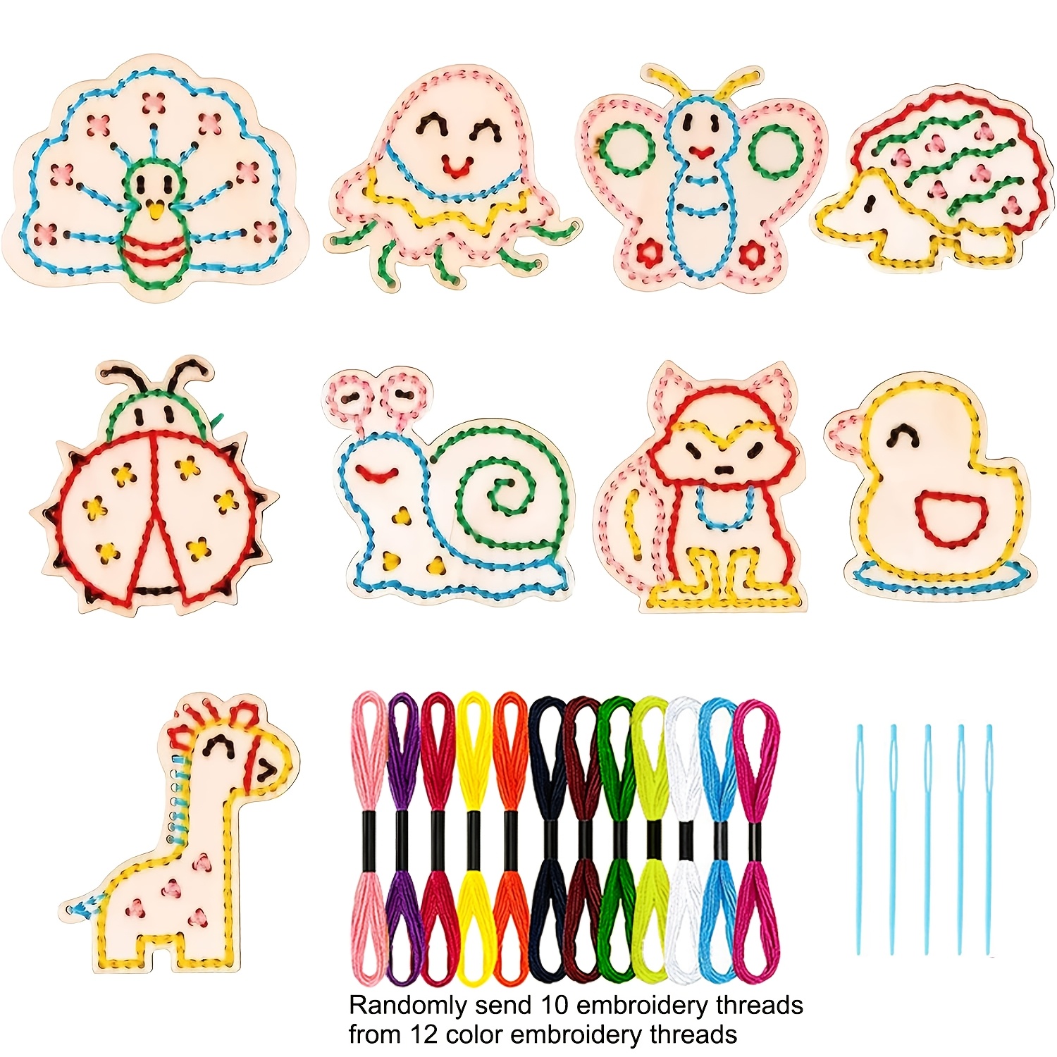 Image of 24pcs Wooden Animal And Insect Shape Lacing Material Kit, Sew Sew Fun Sewing Set, Children's Fun Sewing Diy Craft Ornaments, Suitable For Classroom Activities Diy Painting , School (1 Of 9 Wooden
