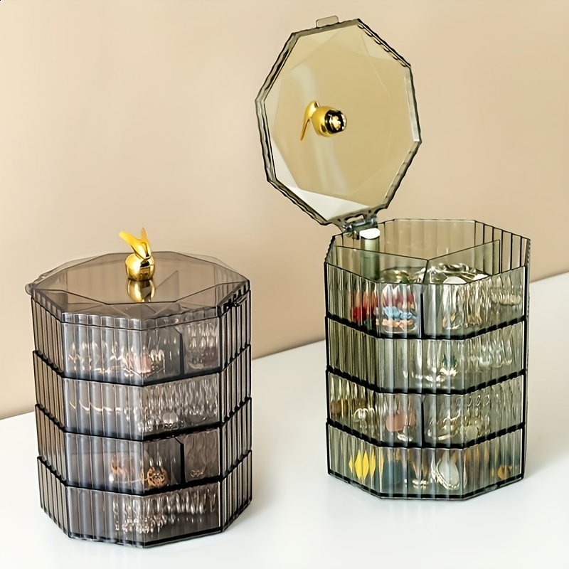 

Contemporary Hexagonal Rotating Jewelry Organizer With Drawers - Tabletop Jewelry Storage Box, Plastic With Polished , Fabric-lined, Closure, Multipurpose Use Without Power