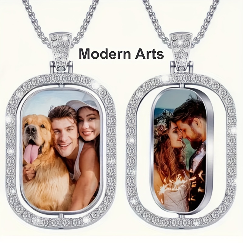 

Custom Double-sided Photo Pendant Necklace - Personalized Military Dog Tag Design With Sparkling Rhinestones, Perfect For Valentine's, Christmas & Birthday Gifts