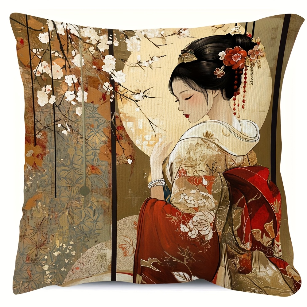 TEMU 1pc Double-sided Short Plush Decorative Pillow Cover - Traditional Japanese Vintage Cherry And Kimono Print, 18x18 Inches With Zipper Design,