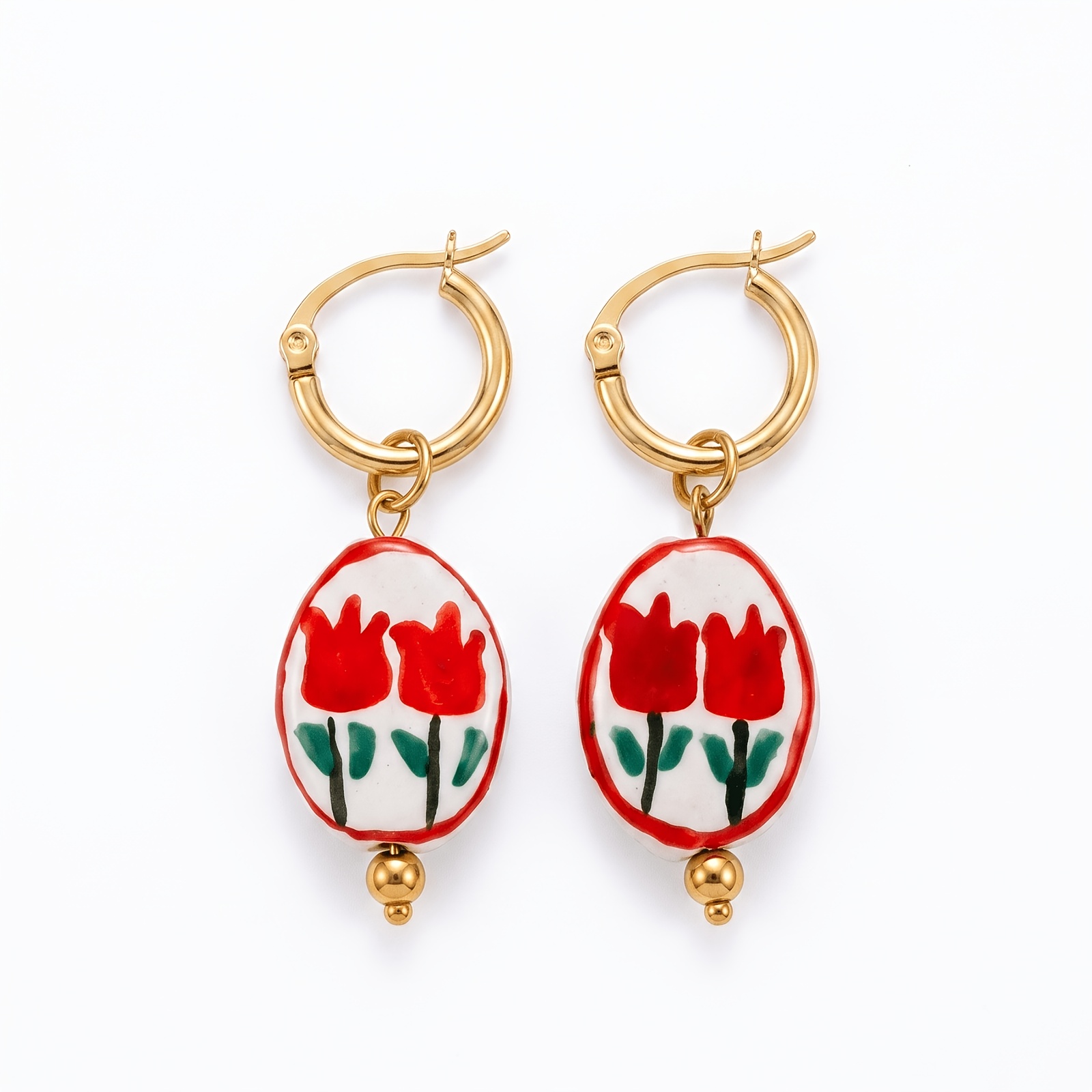 TEMU Boucles d'oreilles fleur de rouge pour femmes, acier inoxydable, pendentif ovale en céramique vintage, bijoux d'esthétique Cottagecore,