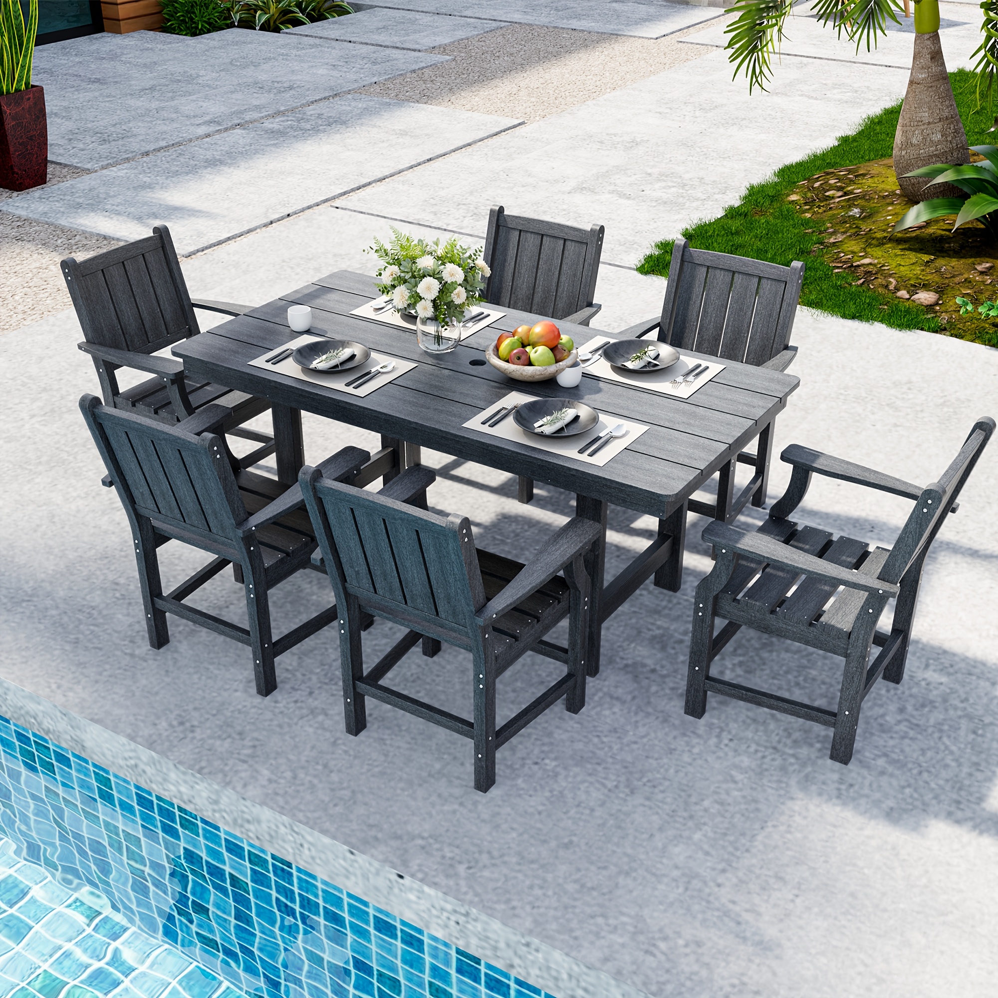 7pcs Heavy-Duty 450 lbs Capacity HDPE Plastic Outdoor Dining Set with  Elegant Armrests Rectangular Table Chairs Modern Gra