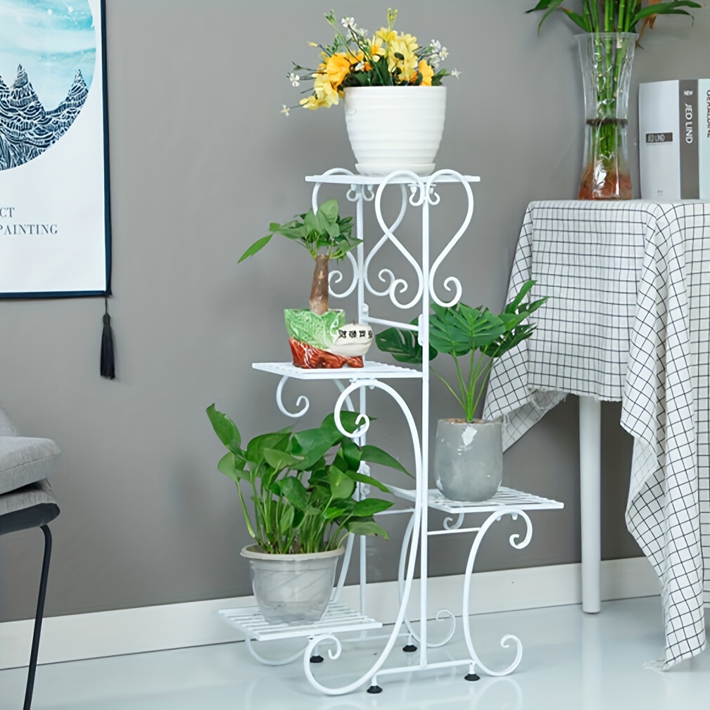 Image of Metal Plant Stand White 4 Tier Flower Pot Display Rack With Potted Planter Shelves Indoor Storage Shelf Holder For Room Patio Garden Entryway Decor