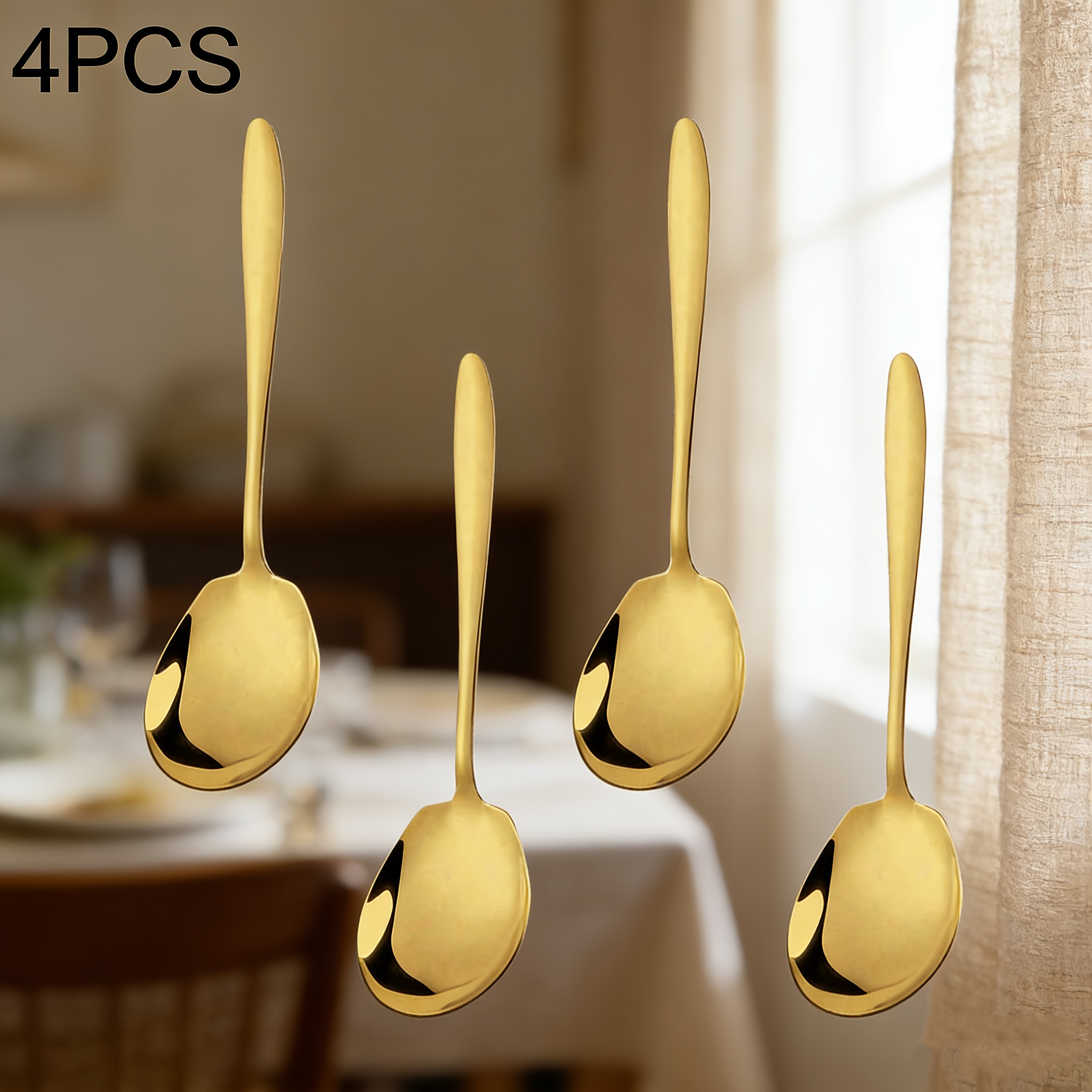 2/4pcs Stainless Steel Table Spoons, Large Round Head Spoon, Internet-famous Long Handle Dessert Stirring Spoon, Buffet Service Spoon, Kitchen Accessories