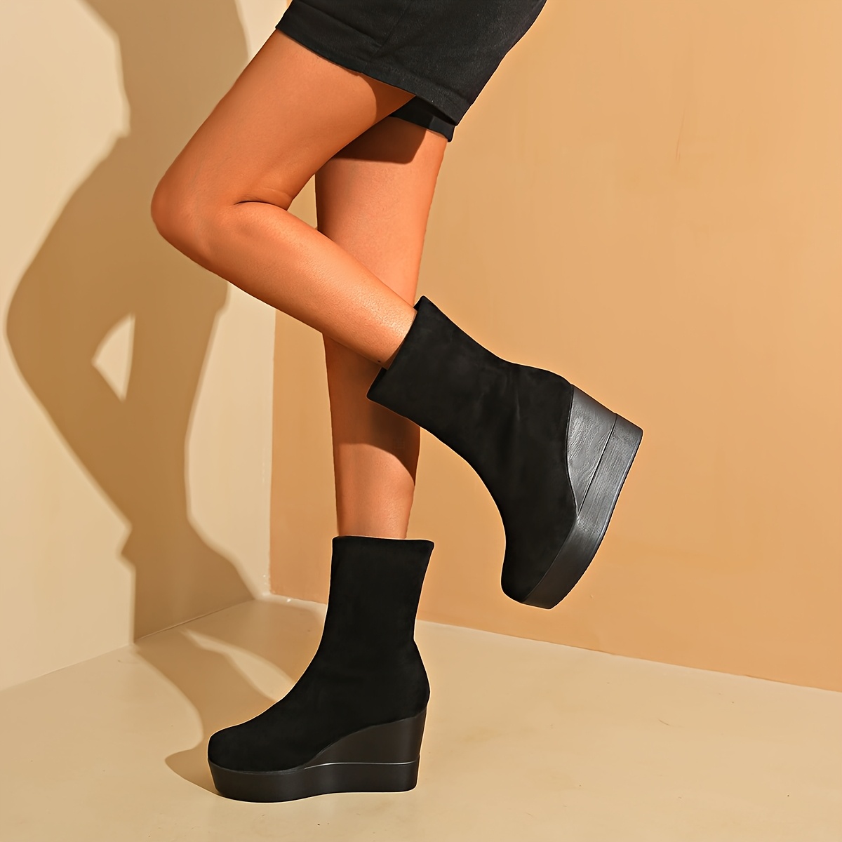 TEMU Women's Ankle Boots, 8 Sizes , European And , Thick Sole, Wedge Heel, Mid-calf, High Heel, Platform, Stretch Boots, Platform Sole, Roll-up Cuff,