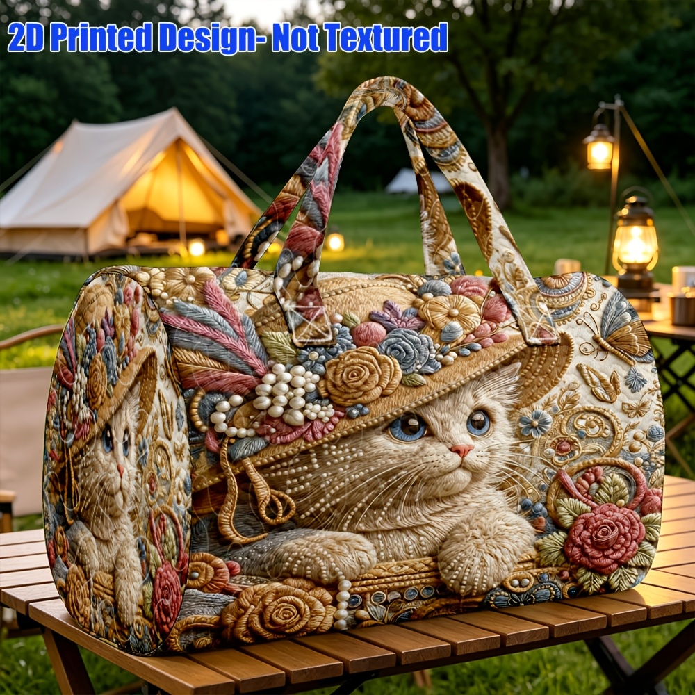 TEMU 1pc Quilted Cylinder Handbag, Cat With Hat Floral Pattern, Style, Random Print For Halloween Thanksgiving Christmas Gift