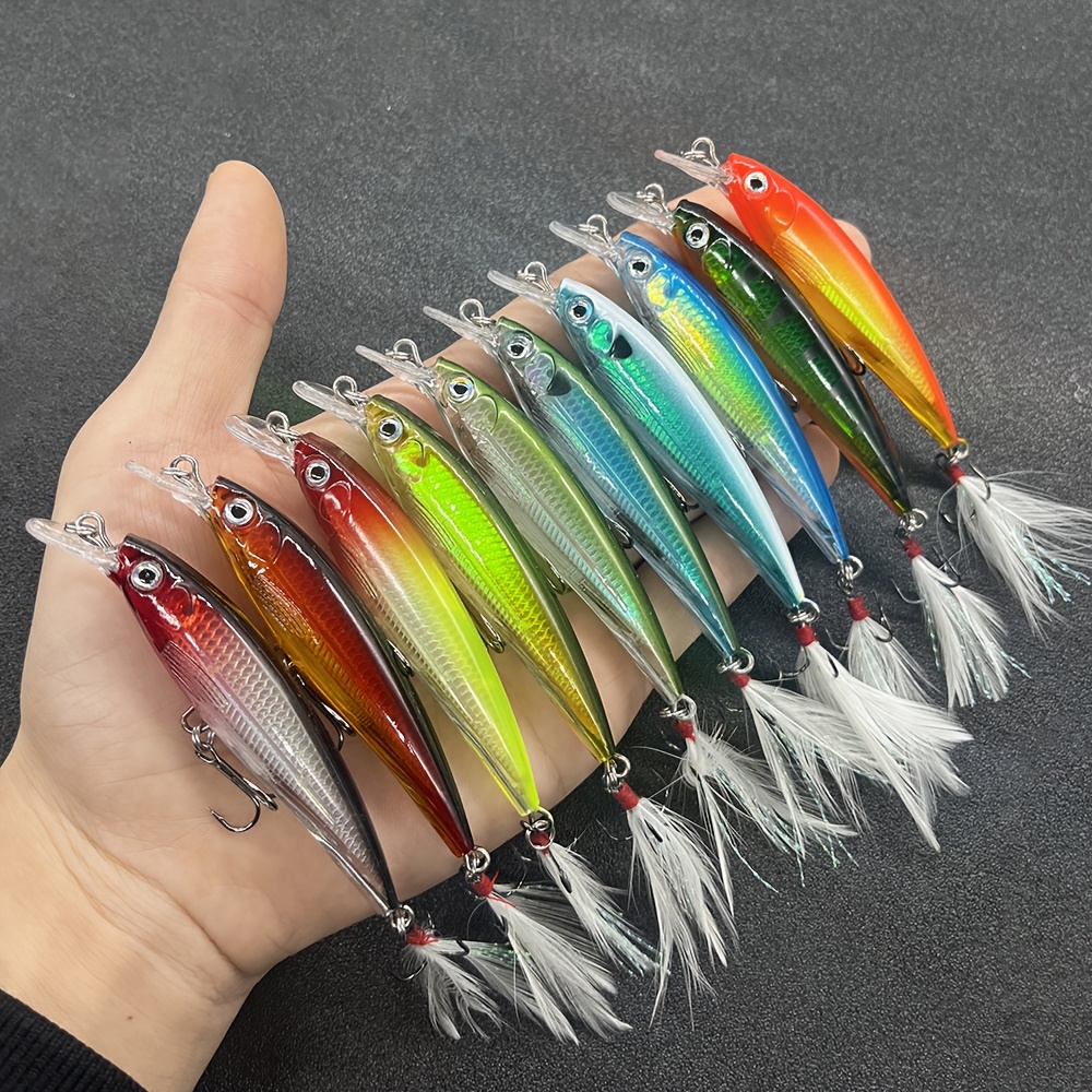 

10- Slow Sinking Feathered Laser Minnow Lures, Mixed Colors, Abs Material, Fishing Artificial Baits